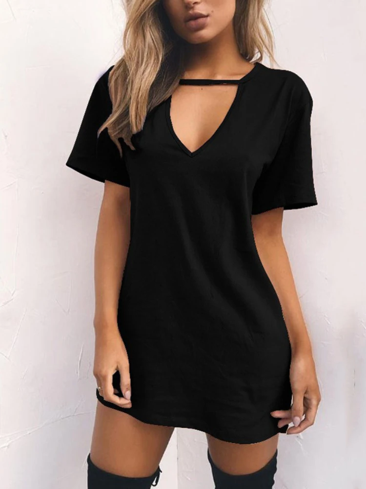 kf S93a7b440cc9a4fa0aabae34a1d06a009e Sexy Elegant Dress Wrap Deep V Neck Cut Out Loose Dress Women Solid Color Short Sleeve