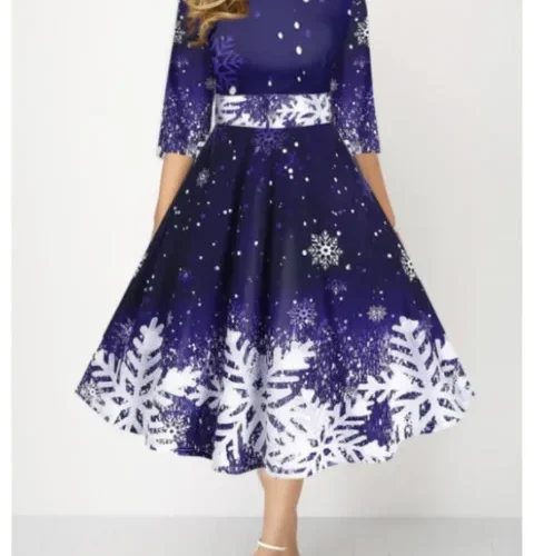 kf S97b20d1466084a6382bf66b7a0082c68I Autumn Winter New Snowflake Digital Print Women s 3 4sleeves Christmas Dress Fashion Waist Elegant Female 1