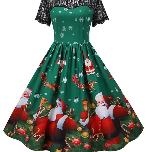 kf Sac22cbac04cb4672aca3cc291f1159daQ Elegant Women Christmas Dress Vintage Swing Rockabilly Short Sleeve Lace Xmas Party Costumes