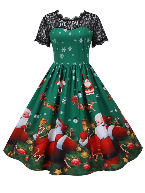 kf Sac22cbac04cb4672aca3cc291f1159daQ Elegant Women Christmas Dress Vintage Swing Rockabilly Short Sleeve Lace Xmas Party Costumes