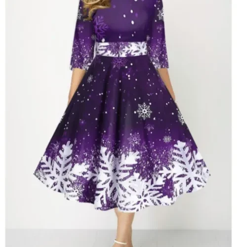 kf Sb0e96459cd304d94b9a3934c33d43948H Autumn Winter New Snowflake Digital Print Women s 3 4sleeves Christmas Dress Fashion Waist Elegant Female