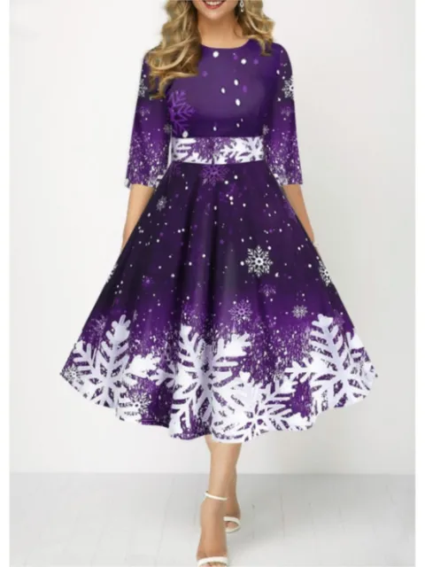 kf Sb0e96459cd304d94b9a3934c33d43948H Autumn Winter New Snowflake Digital Print Women s 3 4sleeves Christmas Dress Fashion Waist Elegant Female