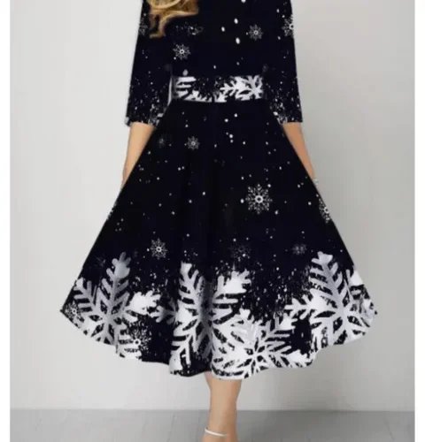 kf Sb11f95f3e93e479cb91d1fa3139d7b17A Autumn Winter New Snowflake Digital Print Women s 3 4sleeves Christmas Dress Fashion Waist Elegant Female