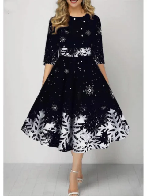 kf Sb11f95f3e93e479cb91d1fa3139d7b17A Autumn Winter New Snowflake Digital Print Women s 3 4sleeves Christmas Dress Fashion Waist Elegant Female