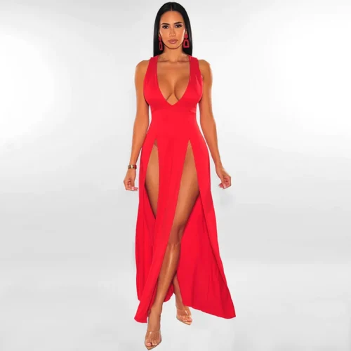 kf Sb9c37d7a957e4909bf8f976e76d49780p Sexy Woman Club Dress Backless Sleeveless Deep V Neck High Waist Slit Maxi Dress Birthday Midnight