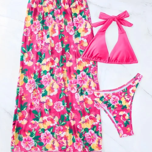 kf Sbdb4173fec4a4b2a8ef047dad89768c2K 2024 Halter String Print 3 Piece Bikini Long Skirt Swimsuit Women Swimwear Female Bather Bathing Swimming