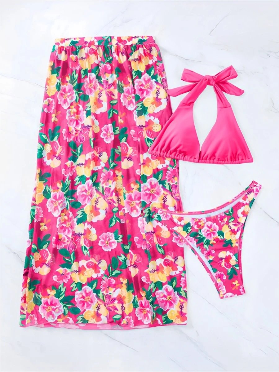 kf Sbdb4173fec4a4b2a8ef047dad89768c2K 2024 Halter String Print 3 Piece Bikini Long Skirt Swimsuit Women Swimwear Female Bather Bathing Swimming