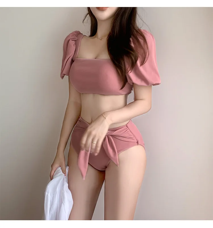 kf Sc2c16cfbf64c497db071d592f7f28f30H Korean Style Puff Sleeves Swimsuit Bikinis Sexy Women s Summer Two piece Bow Swimwear Sexy Holiday