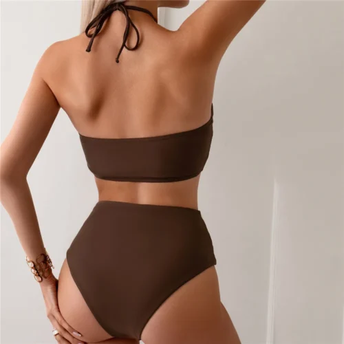 kf Sd00dd0c4cf8644bd8067bff1b1b65021Y Brown High Waisted Bikini Set Damen Ruched String Halter Swimwear Sexy Swimsuit 2024 Bathing Suit Brazilian