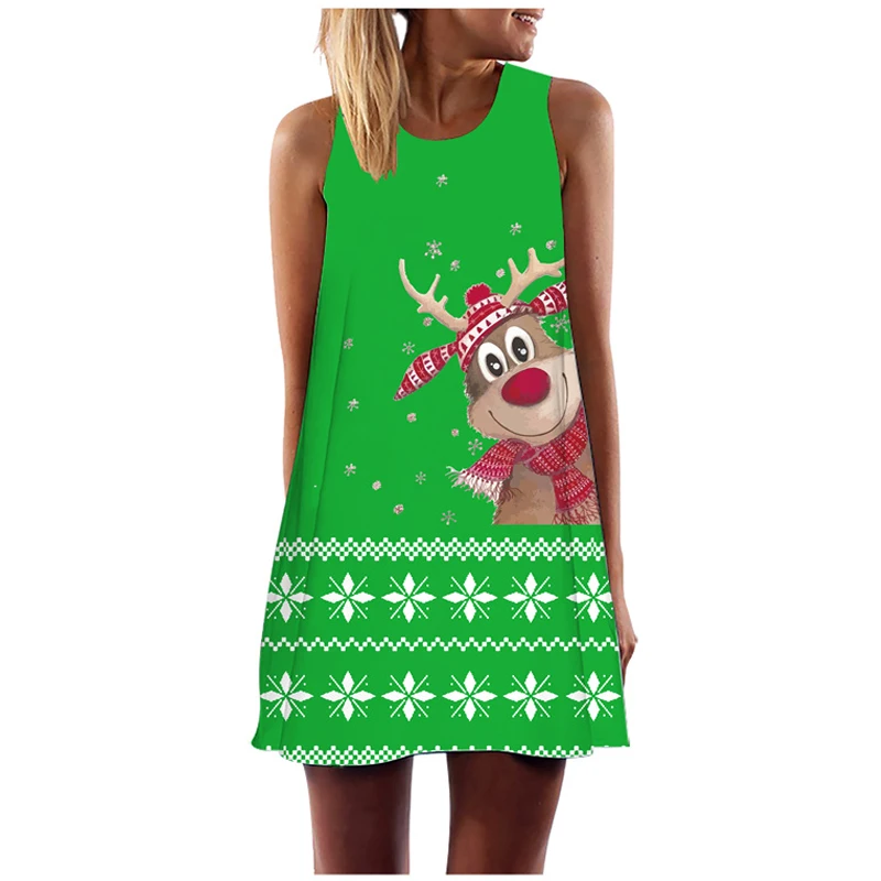 kf Sd143e24f23d745a6ba53936bb99e3a9dv Christmas Elk Theme Print 3d Women s Dress Snowflake Sleeveless Dresses Snowman Midi Dress for Female