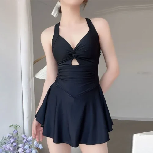 kf Se333325c105547ef87d56b3c0c47061b2 sexy Korean fashion conservative swimsuit one piece wrinkled cross mini dress culottes black and grey bikinis