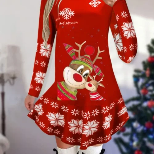 kf Se4da60a7176b4018b4c5fce51091d7afR Dresses For Women Christmas Theme Cartoon Print Winter Long Sleeve Dresses Fashion Evening Party Vestidos 2023