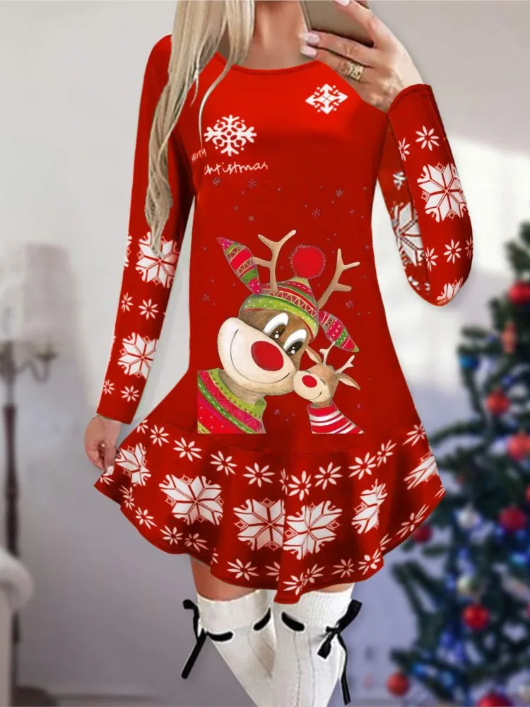 kf Se4da60a7176b4018b4c5fce51091d7afR Dresses For Women Christmas Theme Cartoon Print Winter Long Sleeve Dresses Fashion Evening Party Vestidos 2023