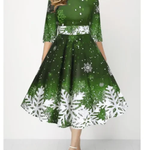 kf Se5bdc03a63f844928d4a63ebf8181daa1 Autumn Winter New Snowflake Digital Print Women s 3 4sleeves Christmas Dress Fashion Waist Elegant Female