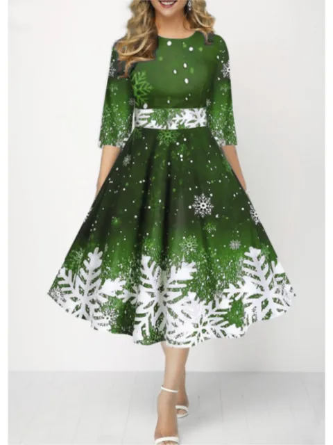 kf Se5bdc03a63f844928d4a63ebf8181daa1 Autumn Winter New Snowflake Digital Print Women s 3 4sleeves Christmas Dress Fashion Waist Elegant Female