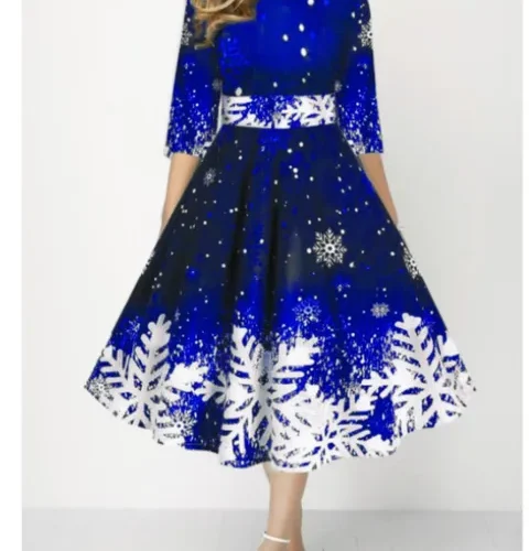 kf Se7bf41ef0a4540149947234cb8231722f Autumn Winter New Snowflake Digital Print Women s 3 4sleeves Christmas Dress Fashion Waist Elegant Female 1