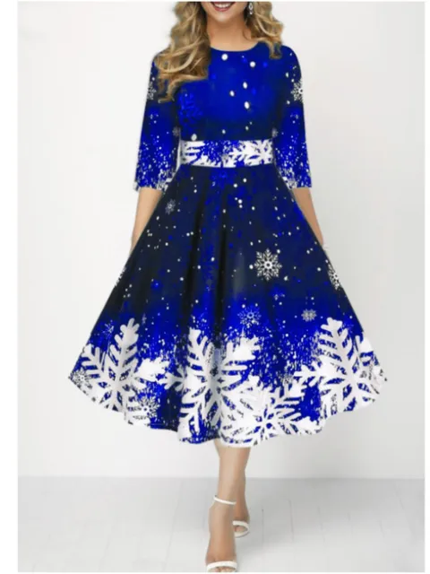 kf Se7bf41ef0a4540149947234cb8231722f Autumn Winter New Snowflake Digital Print Women s 3 4sleeves Christmas Dress Fashion Waist Elegant Female 1