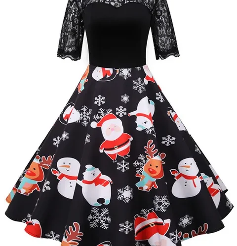 kf Sefe7452cc486431cbf162d90276a32737 Elegant Women Christmas Dress Vintage Swing Rockabilly Short Sleeve Lace Xmas Party Costumes