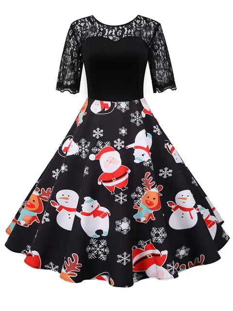 kf Sefe7452cc486431cbf162d90276a32737 Elegant Women Christmas Dress Vintage Swing Rockabilly Short Sleeve Lace Xmas Party Costumes