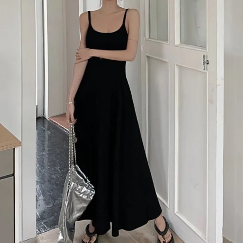 kf Sf1f3f068463c40efae3a1f4b32c35a14Z Rimocy Sexy Low Collar Spaghetti Strap Dress Women Slim Fit Black Long Beach Dresses Woman 2024