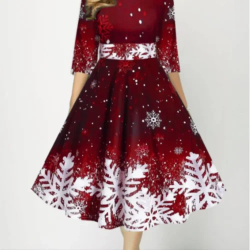 kf Sf29ee1f2909d492ca319bc27a617c620p Autumn Winter New Snowflake Digital Print Women s 3 4sleeves Christmas Dress Fashion Waist Elegant Female