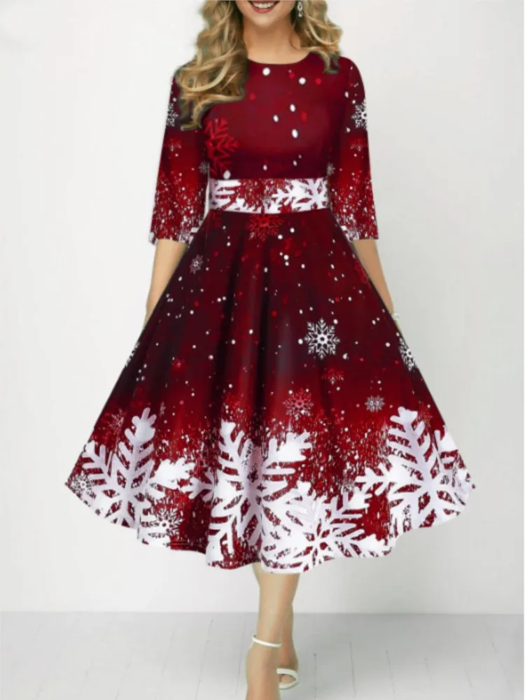 kf Sf29ee1f2909d492ca319bc27a617c620p Autumn Winter New Snowflake Digital Print Women s 3 4sleeves Christmas Dress Fashion Waist Elegant Female