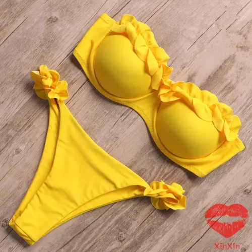 kf Sf946f223e0b14b9fa58f6374457380caQ Bandeau Bikini Swimwear Women Swimsuit Sexy Thong Ruffle Bikini Set Push Up Bathing Suit Female Brazilian