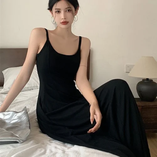 kf Sf9de5a472a044ffbbef5943ab160ee02n Rimocy Sexy Low Collar Spaghetti Strap Dress Women Slim Fit Black Long Beach Dresses Woman 2024