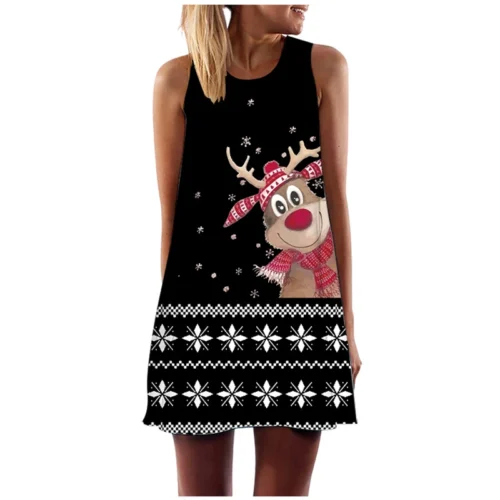 kf Sfe843e1a22d84e8a9cac90424ec629f0h Christmas Elk Theme Print 3d Women s Dress Snowflake Sleeveless Dresses Snowman Midi Dress for Female